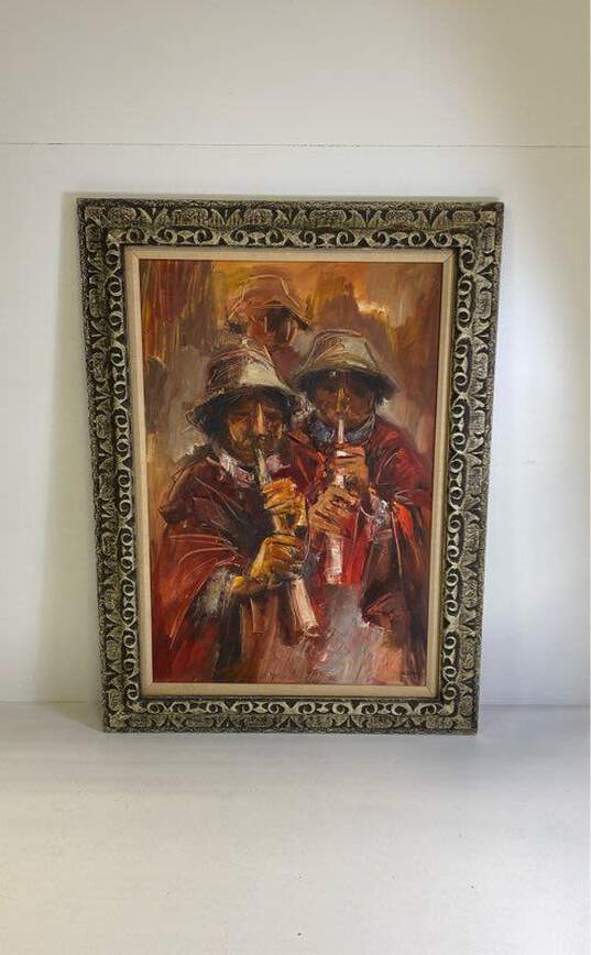 Three Flute Players Oil on canvas Signed. Expressionist Matted & Framed image number 1