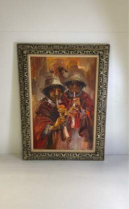 Three Flute Players Oil on canvas Signed. Expressionist Matted & Framed