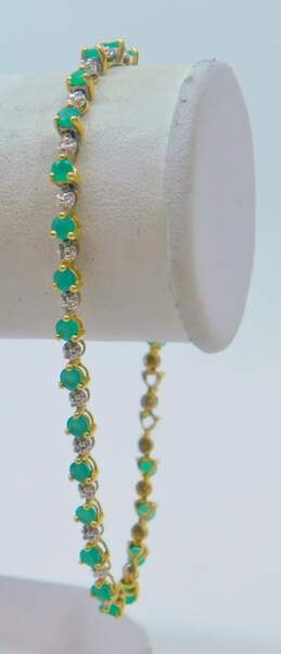 Elegant 14K Yellow Gold Faux Emerald & Diamond Accent Tennis Bracelet 6.8g