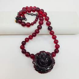 Hotcakes Design Red Lucite Carved Flower Pendant Ball Bead Necklace 64.1g