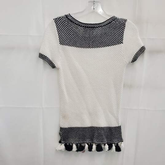 Anthropologie Black White Tassel Trim Knit Short Sleeve Sweater Size XS image number 2