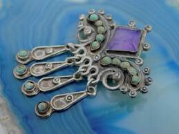 Vintage Mexico 925 Faceted Amethyst & Turquoise Cabochons Granulated Teardrop Charms Brooch 10.5g