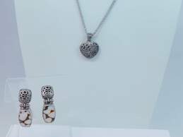 Sterling Silver Olon Shell Floral Heart Scroll Necklace & Earrings 17.9g