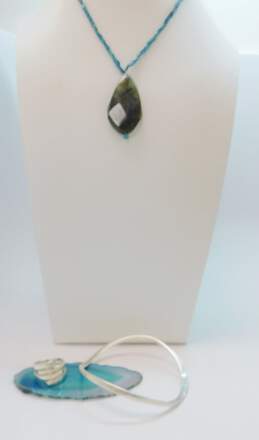 Artisan 925 Faceted Labradorite Teardrop Pendant Kyanite Beaded Necklace Modernist Band Ring & Wavy Bangle Bracelet 37.8g