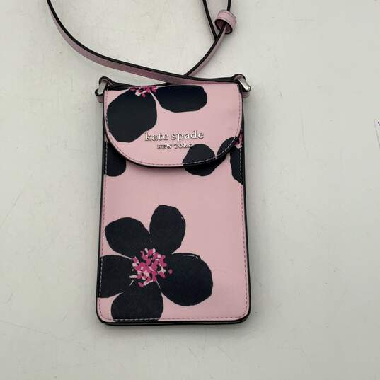 Womens Pink Leather Floral Adjustable Strap Phone Holder Crossbody Bag image number 1