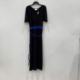 NWT Avenue Womens Black Blue V-Neck Short Sleeve Belted Maxi Dress Size 18/20