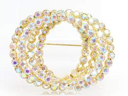 Vintage Goldtone Icy Aurora Borealis Rhinestone Curved Clip On Earrings Wide Bracelet & Interlocking Circles Brooch 76.7g alternative image