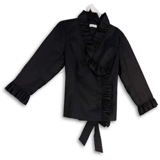 Womens Black Ruffle Long Sleeve Tie Waist Button Front Jacket Size XL image number 1
