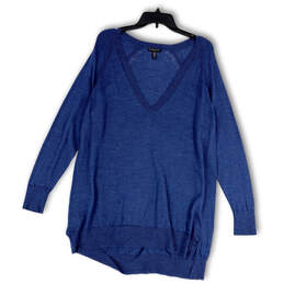 Womens Blue Knitted V-Neck Long Sleeve Side Slit Pullover Sweater Size 1X