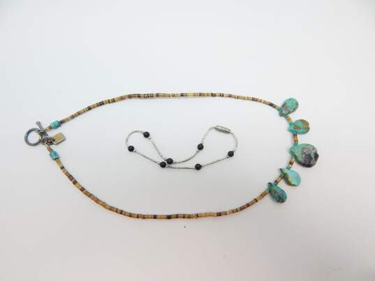 Artisan 925 Southwestern Turquoise Teardrops & Heishi Shell Beaded Toggle Necklace & Onyx Liquid Silver Bracelet 12.6g image number 2