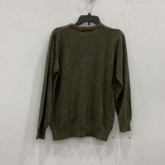 Mens Olive Green Striped Long Sleeve Crew Neck Pullover Sweater Size Small image number 2