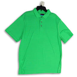 Mens Green White Striped Spread Collar Short Sleeve Polo Shirt Size XL