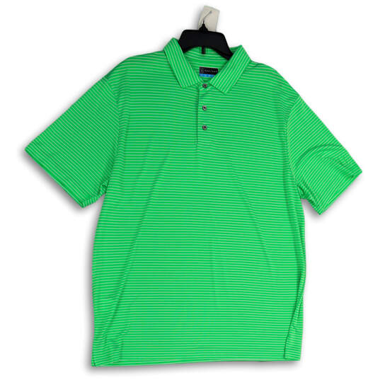 Mens Green White Striped Spread Collar Short Sleeve Polo Shirt Size XL image number 1