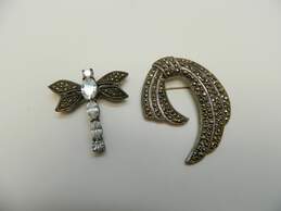 Romantic Sterling Silver Marcasite & Cubic Zirconia Dragonfly & Swirl Brooches 26.1g