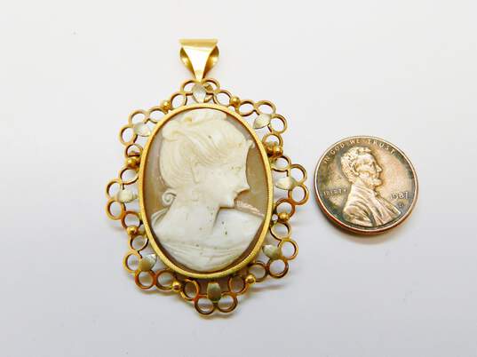 Antique 18K Two Tone Gold Carved Shell Cameo Brooch Pendant 11.3g image number 4