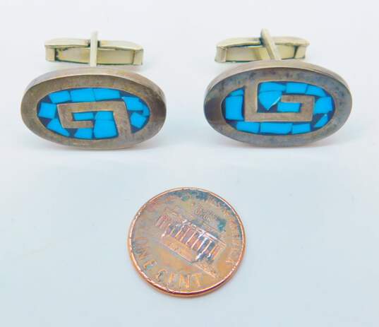 Artisan Mexico 925 Modernist Faux Turquoise Black Enamel Inlay Greek Key Oval Cuff Links 17.8g image number 5