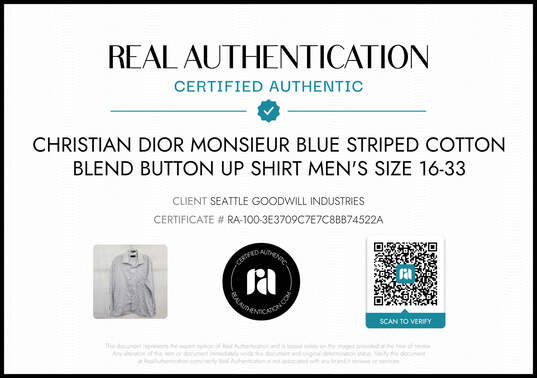 Christian Dior Monsieur Blue Striped Cotton Blend Button Up Shirt Men's Size 16-33 AUTHENTICATED image number 3