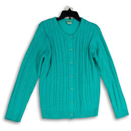 Womens Green Long Sleeve Cable-Knit Button Front Cardigan Sweater Size M