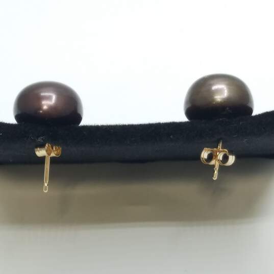 14K Gold Dark FW Button Pearl Post Stud Earrings 3.0g image number 3