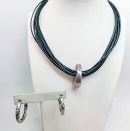 Espo & Artisan 925 Modernist Electroform Chunky Arch Pendant Multi Cord Necklace & Pebble Semi Hoop Post Earrings 33g