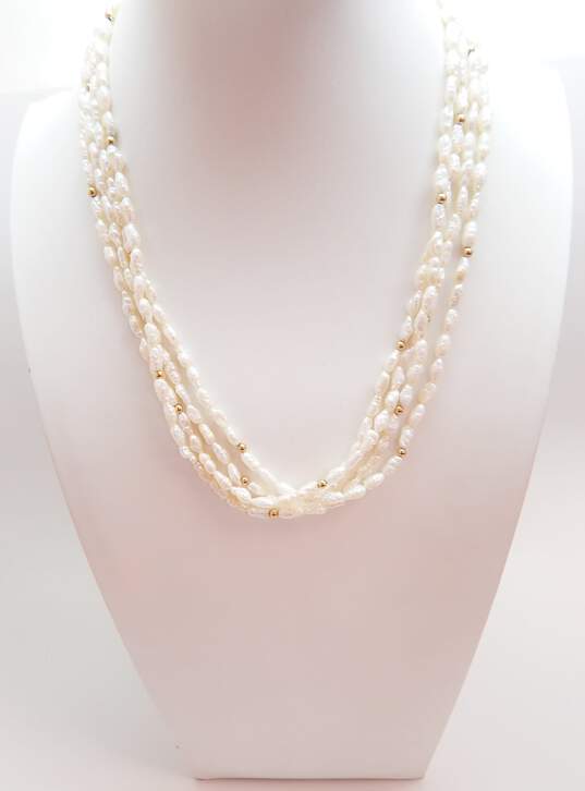 14K Gold Clasp & Ball Beads & Baroque Freshwater Pearls Beaded Multi Strand Necklace 34.4g image number 1