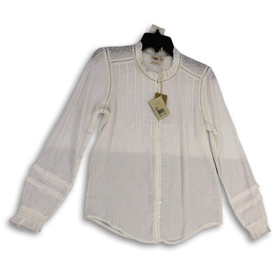 NWT Womens White Striped Long Sleeve Button Front Blouse Top Size Small image number 1