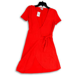 NWT Womens Red Knitted Short Sleeve Waist Tie Knee Length Wrap Dress Sz XXS