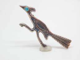 Signed OXI 925 Southwestern Turquoise Cabochon Stamped Roadrunner Bird Brooch 7.9g