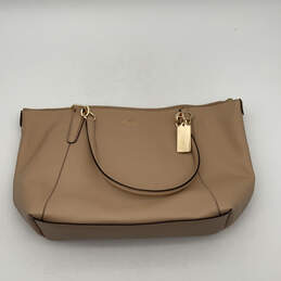 Womens Tan Leather Gold Details Logo Charm Zipper Tote Bag Purse