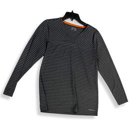 Womens Black Gray Striped Long Sleeve V-Neck Pullover T-Shirt Size Medium