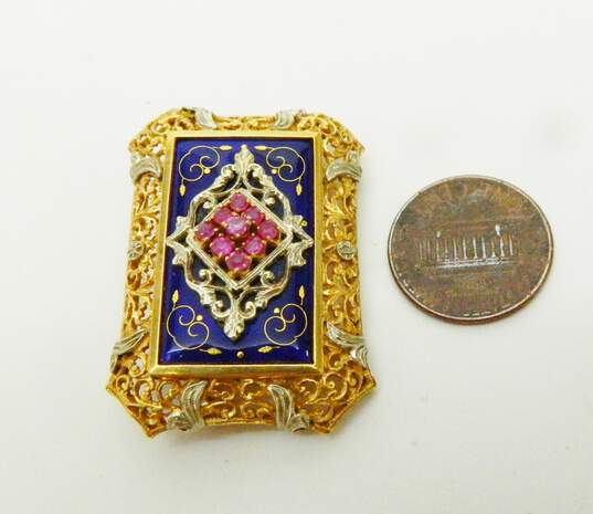 Vintage 18K Yellow Gold Ruby & Cloisonné Blue Enamel Ornate Brooch 17.4g image number 7