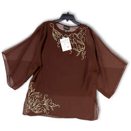 NWT Womens Brown Beaded 3/4 Sleeve Round Neck Pullover Blouse Top Size M