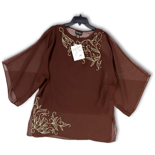 NWT Womens Brown Beaded 3/4 Sleeve Round Neck Pullover Blouse Top Size M image number 1