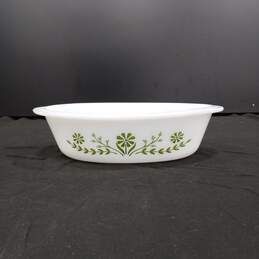 White Glass Bake Dish w/ Green Floral Design