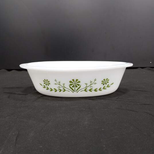 White Glass Bake Dish w/ Green Floral Design image number 1