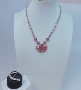 Vintage Bogoff Pink & Clear Icy Rhinestone Pendant Necklace & Horseshoe Brooch 42.7g