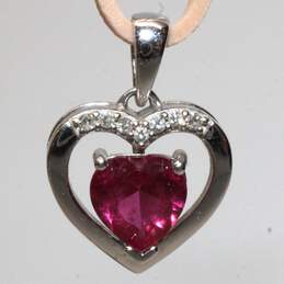 10K White Gold Moissanite Accent Lab Created Ruby Heart Pendant - 1.44g