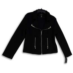 NWT Womens Black Notch Lapel Long Sleeve Pockets Full-Zip Biker Jacket Sz M