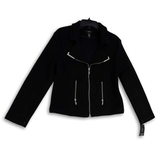 NWT Womens Black Notch Lapel Long Sleeve Pockets Full-Zip Biker Jacket Sz M image number 1
