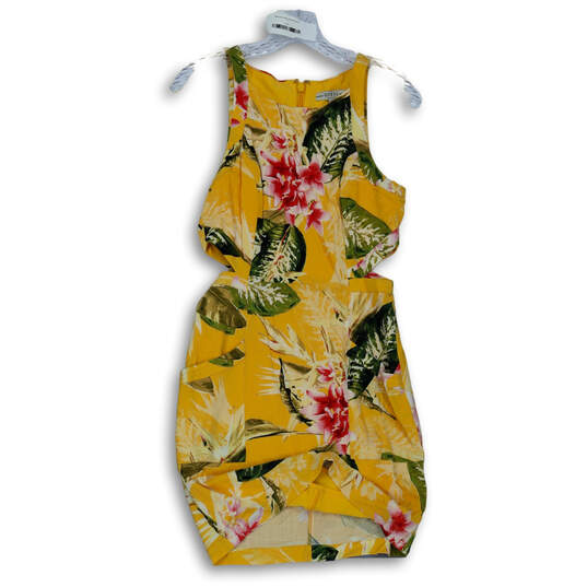 Womens Yellow Floral Round Neck Cut Off Waist Back Zip A-Line Dress Size S image number 2