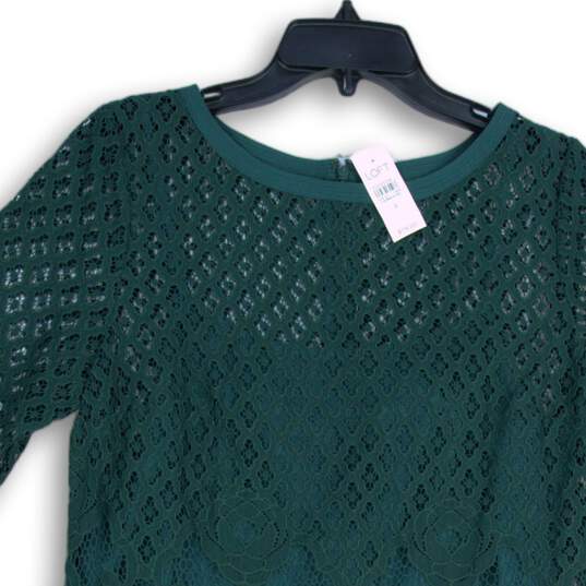 NWT LOFT Womens Green Lace Round Neck 3/4 Sleeve Pullover Shift Dress Size 8 image number 3