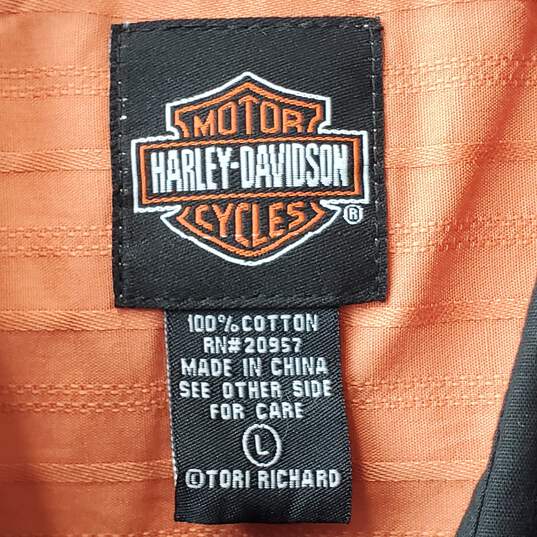 Harley Davidson Sleeveless Button Up Black & Orange Embroidered Top Size L image number 3