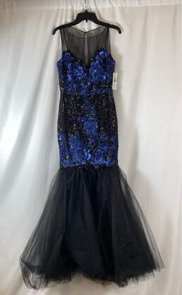 NWT Badgley Mischka Womens Blue Black Floral Sequin Mermaid Dress Size 10