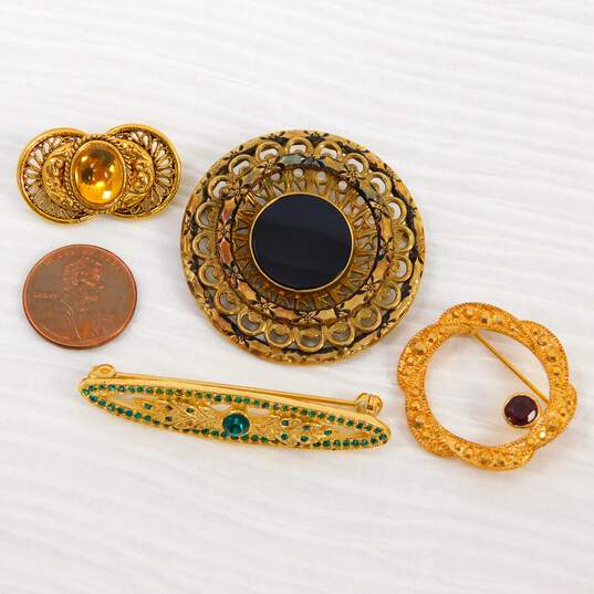 VNTG Art Nouveau Style Gold Tone & Gold Filled Onyx, Glass & Rhinestone Brooch Lot image number 1