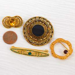 VNTG Art Nouveau Style Gold Tone & Gold Filled Onyx, Glass & Rhinestone Brooch Lot