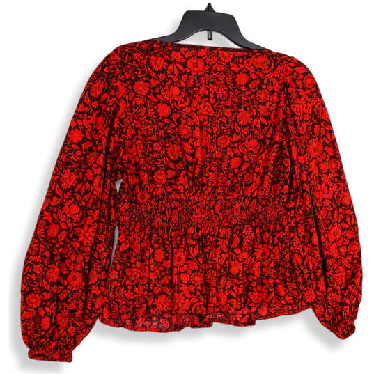Womens Red Floral Long Sleeve Metallic Stripes Pullover Blouse Top Size L image number 2