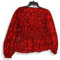 Womens Red Floral Long Sleeve Metallic Stripes Pullover Blouse Top Size L image number 2