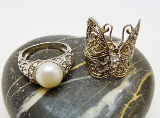 Sterling Silver Ornate Scroll Pearl CZ Butterfly Rings 16.2g image number 2