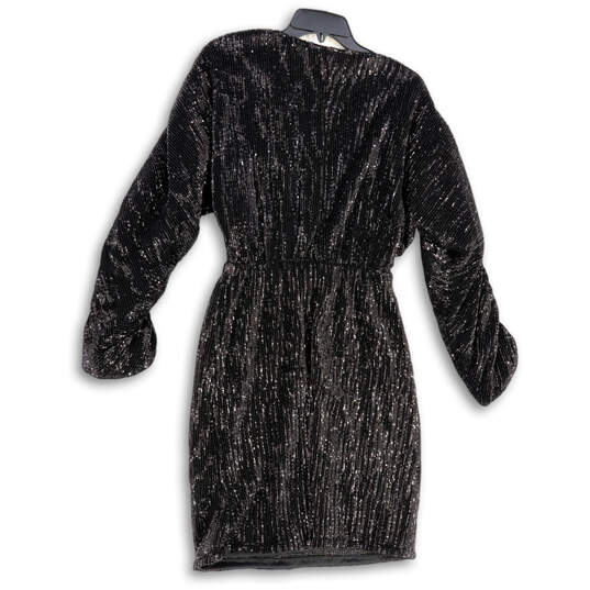 NWT Womens Black Sequin Long Sleeve V-Neck Cinch Waist Mini Dress Size 38 image number 2