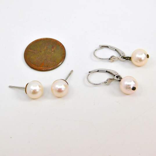 Elegant 14K White Gold Faux Pearl Stud & Drop Earrings 3.4g image number 6